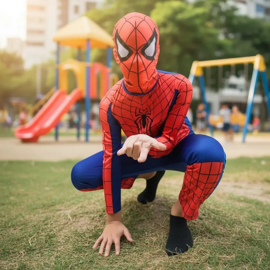 Fantasia Infantil do Homem-Aranha de Manga Longa, com Máscara de Tecido