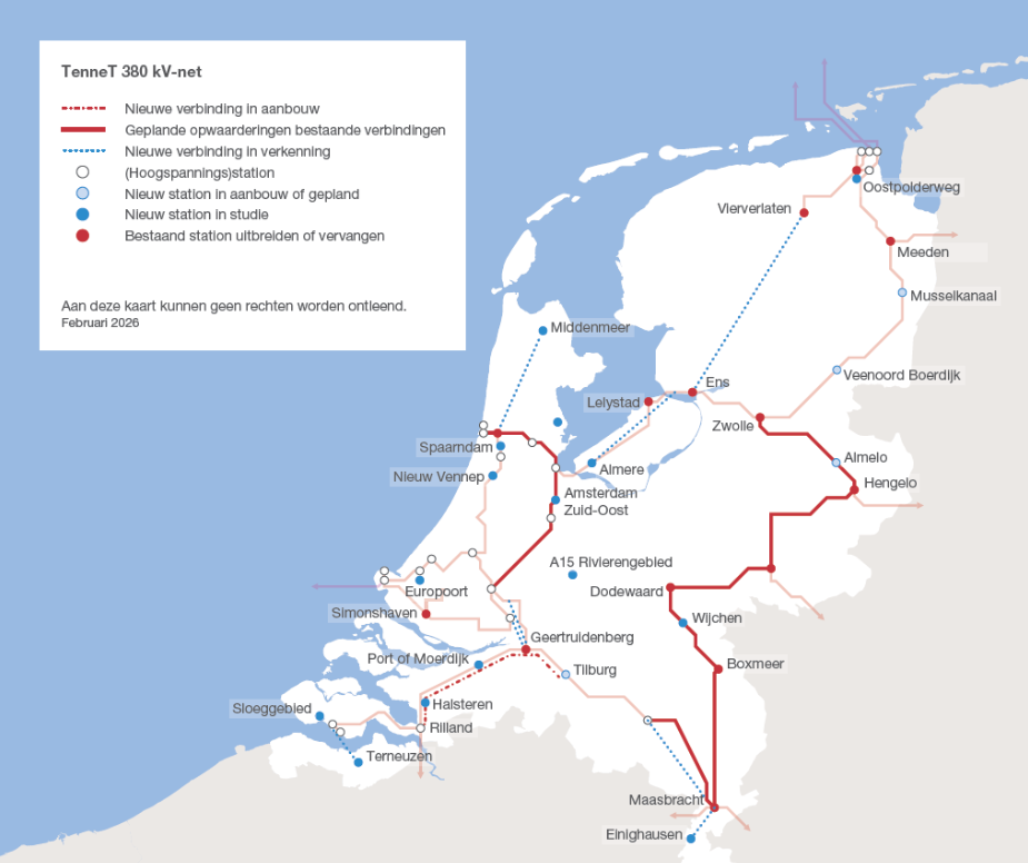 TenneT 380 kV-net kaart met legenda voor nieuwe verbindingen en stations