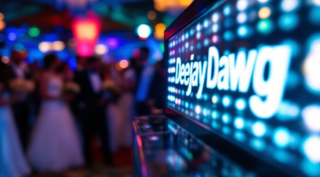 Deejay Dawg performing at a wedding reception under aubergine and copper uplighting