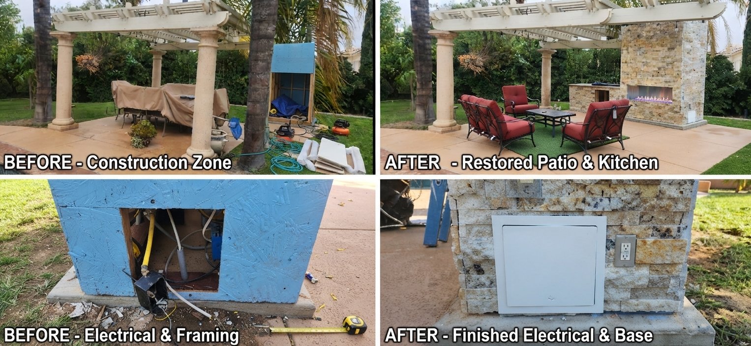 Before and after: patio outdoor kitchen restoration and electrical framing finished with stone veneer and access panel