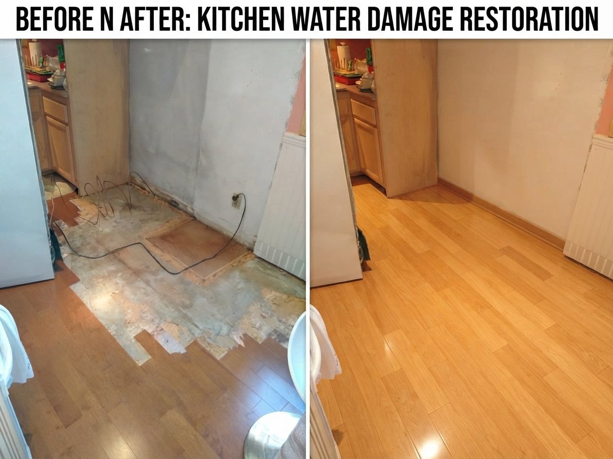 Before and after: kitchen water damage restoration with damaged subfloor replaced by finished hardwood flooring
