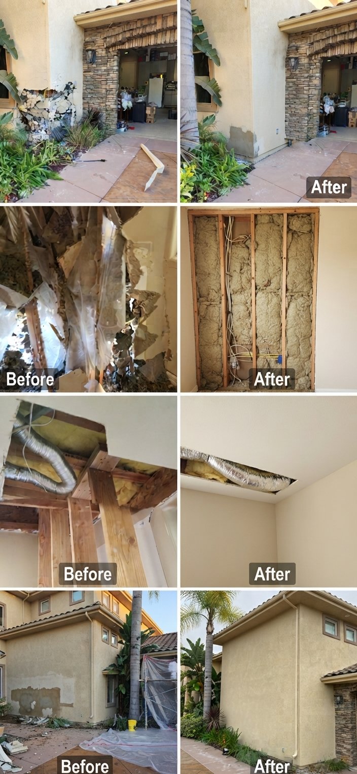 Before: damaged exterior wall and debris beside stone veneer entry on patio