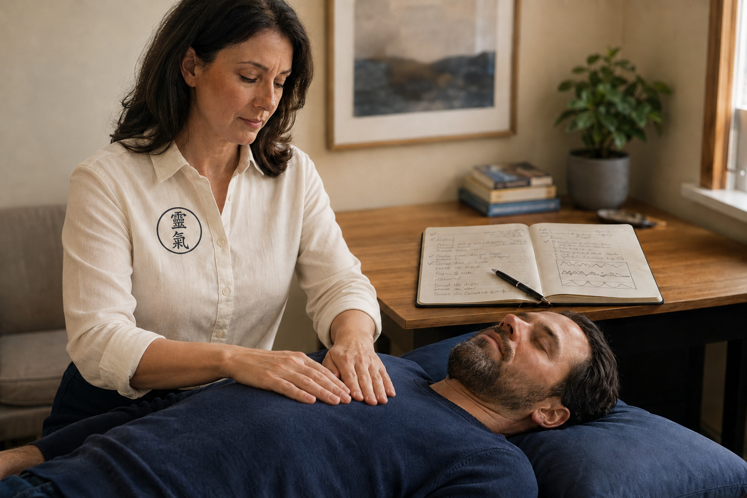 Reiki-Anwender bei einer Behandlung eines Klienten während einer professionellen Sitzung