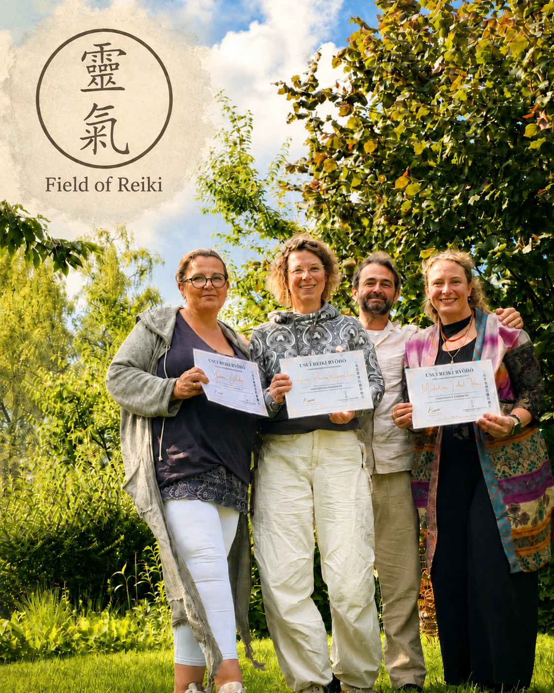 Field-of-Reiki-Absolventen mit ihren Usui-Reiki-Ryoho-Zertifikaten