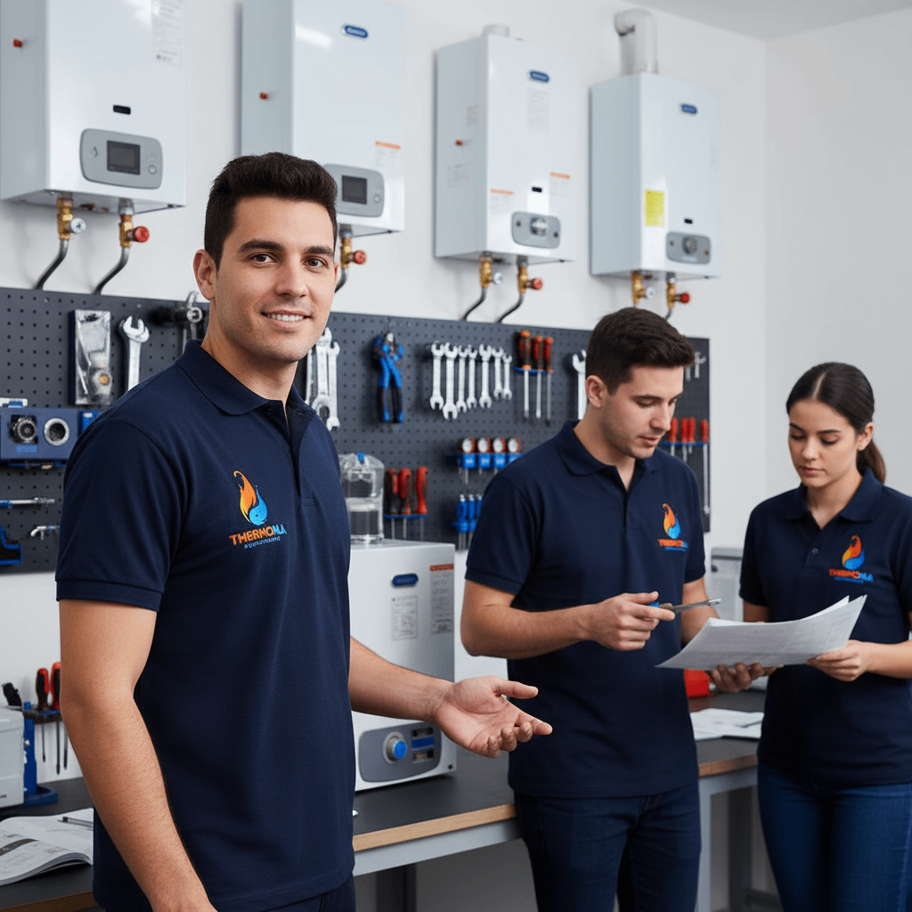 Equipe técnica realizando manutenção de aquecedor a gás e instalação de boiler em Osasco