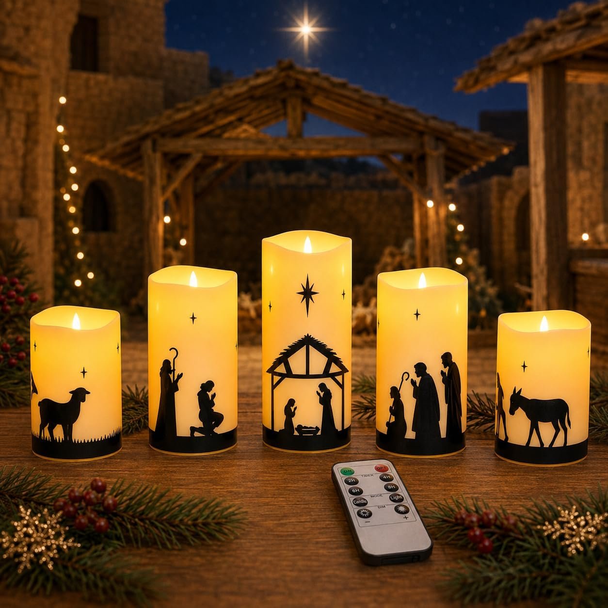 Nativity Scene Set with Flameless Candles