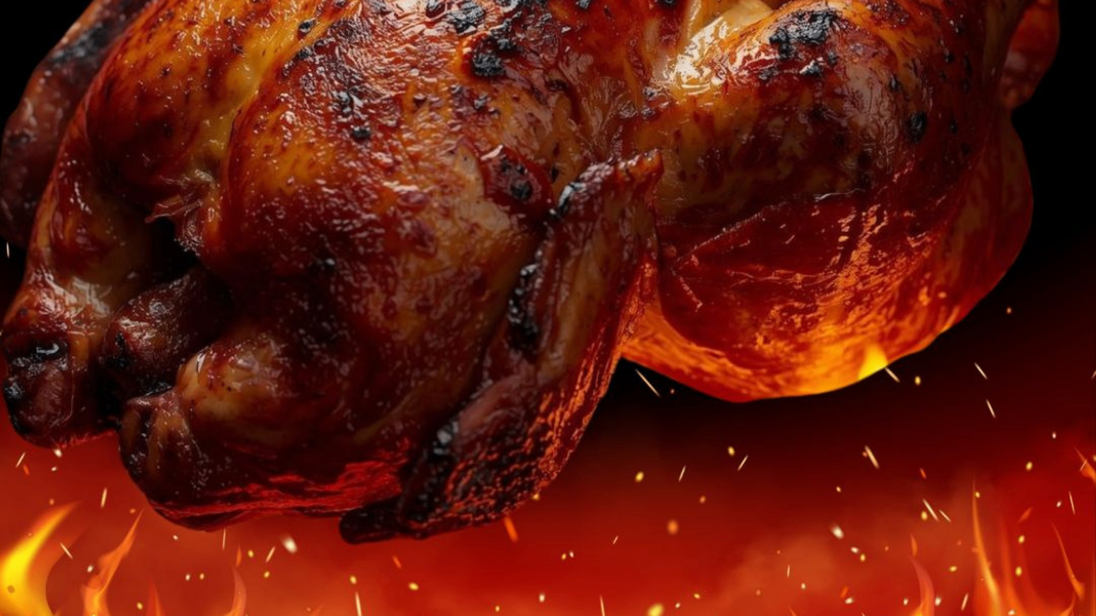 Pollos a la brasa dorándose sobre brasas de carbón en El Fogón, Rubí