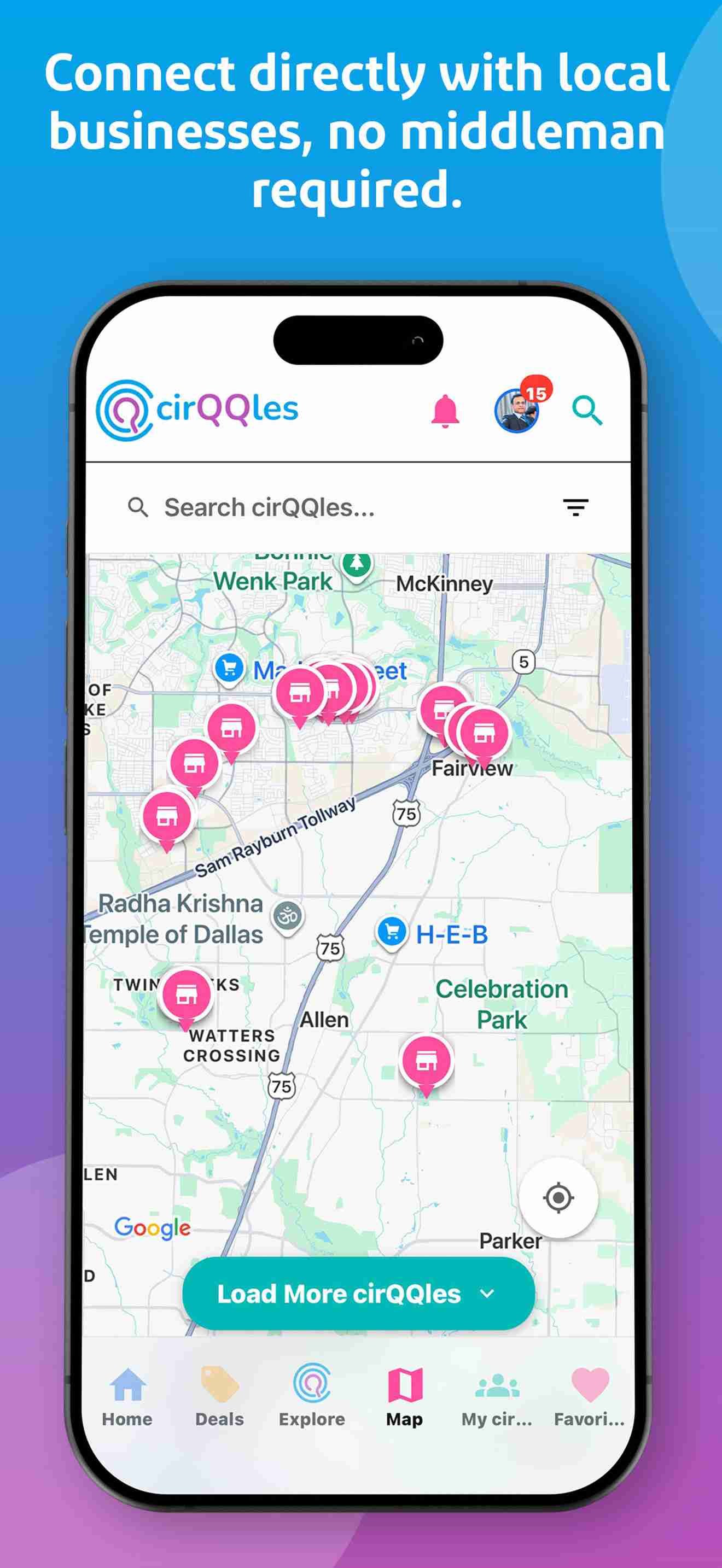 The map view in the cirQQles app, showing pins for local businesses in a city.