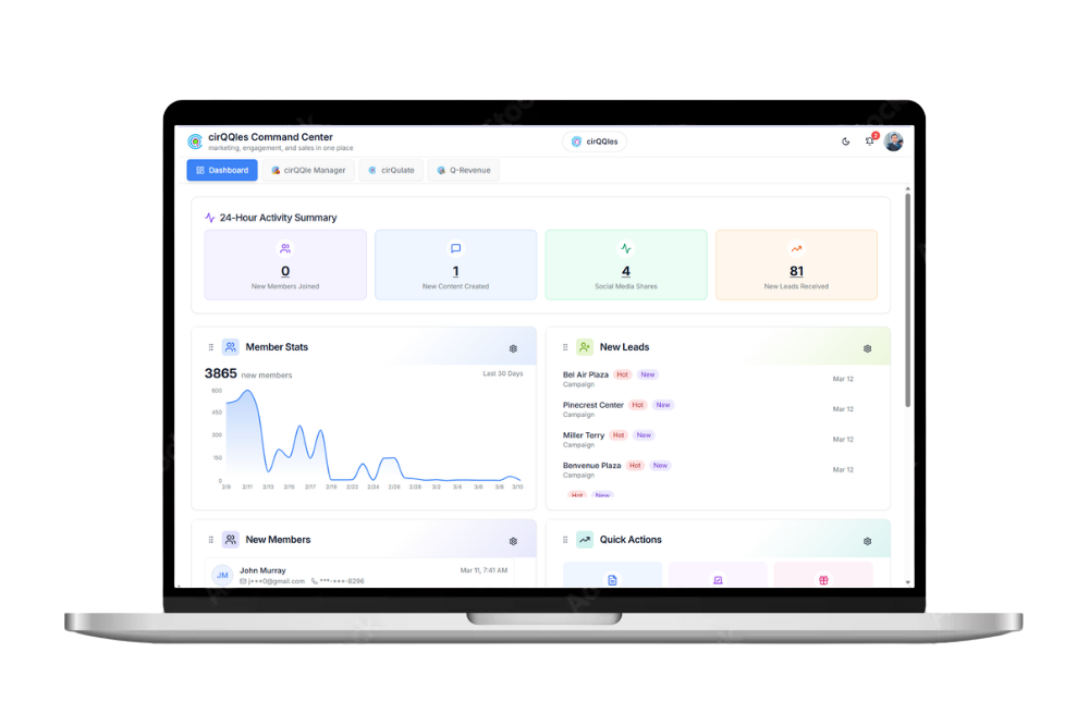 ciRQQles Command Center dashboard showing 24-hour activity summary, member stats, new leads, and quick actions