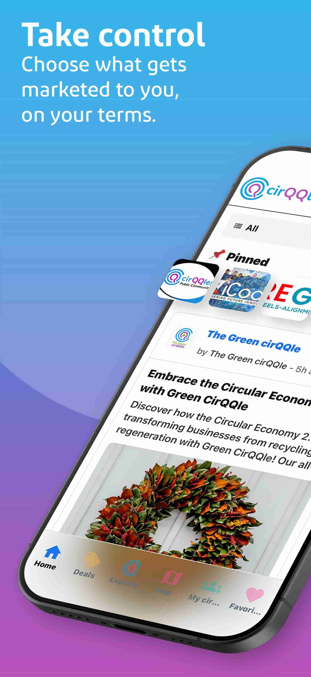 cirQQles app home feed showing a pinned post and the message 'Take control'.