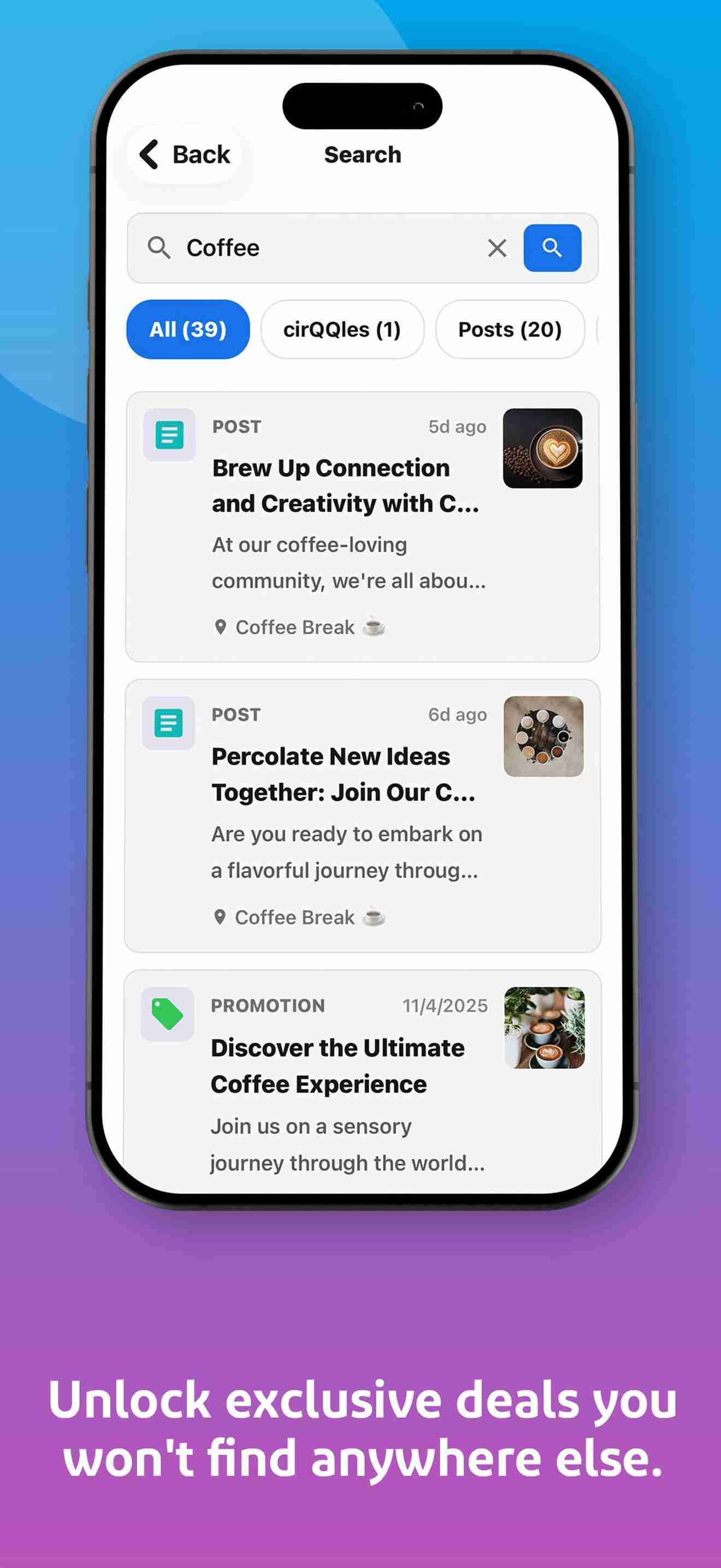 Search results for 'coffee' in the cirQQles app, displaying posts and promotions.