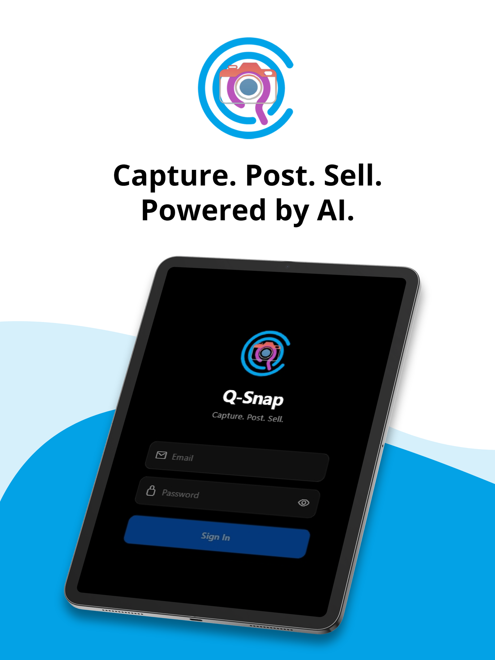 Q-Snap interface showing Capture. Post. Sell. Powered by AI with tablet login screen