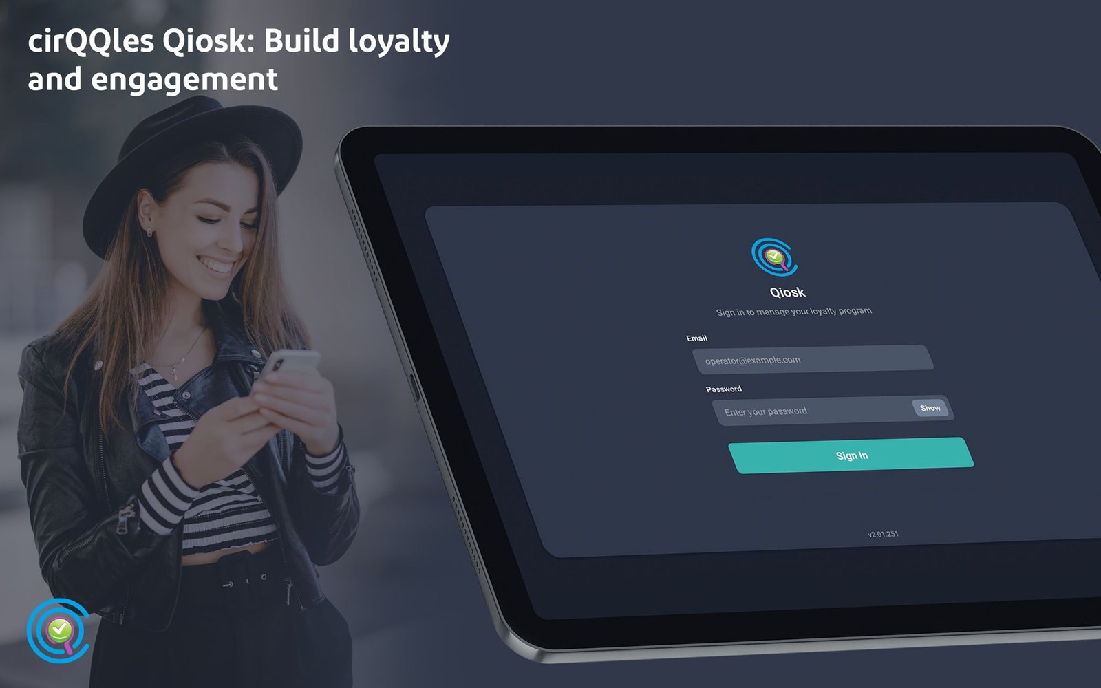 Qiosk login interface with woman holding phone and tablet displaying sign-in screen