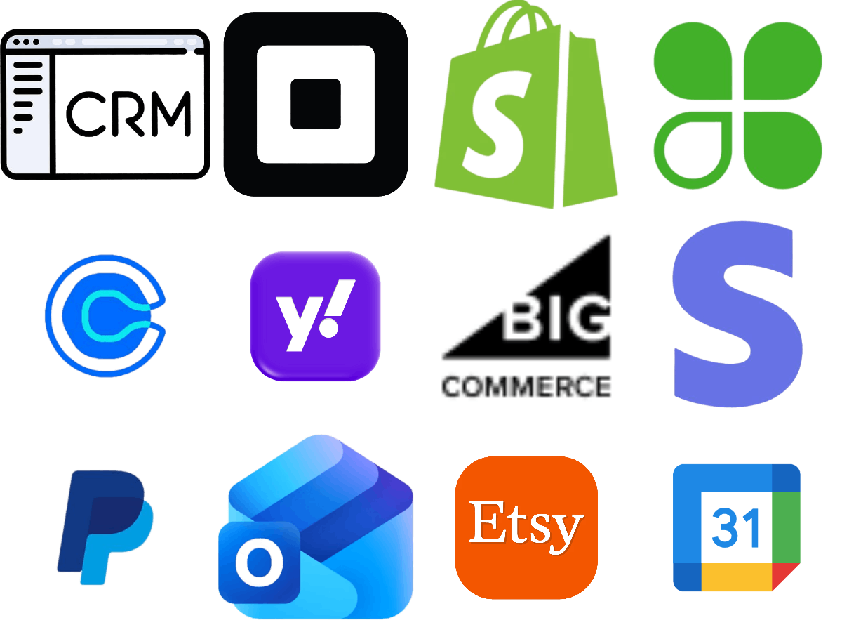 Various logos of integrated services like CRM, Shopify, Square, BigCommerce, Paypal, Etsy, Yahoo, Google Calendar, and more