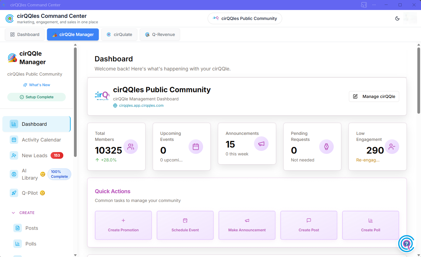 Screenshot of the updated cirQQle Manager dashboard showing new user interface