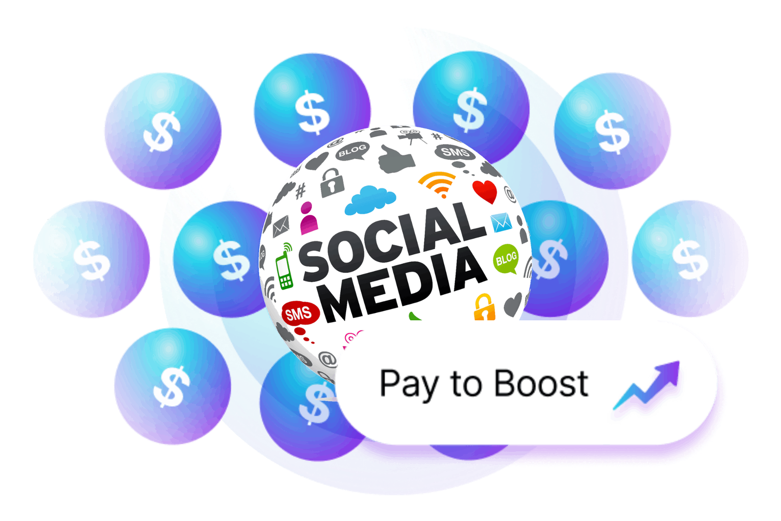 Pay to Boost illustration showing social media platform surrounded by dollar signs and a 'Pay to Boost' button