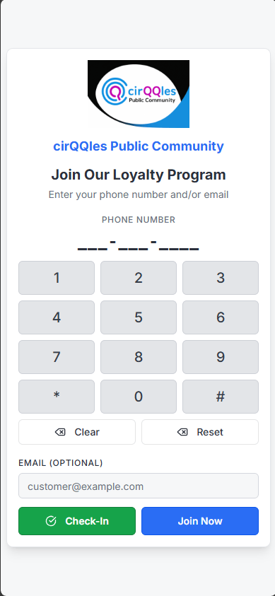 A tablet displaying a cirQQles loyalty program interface for check-in and joining