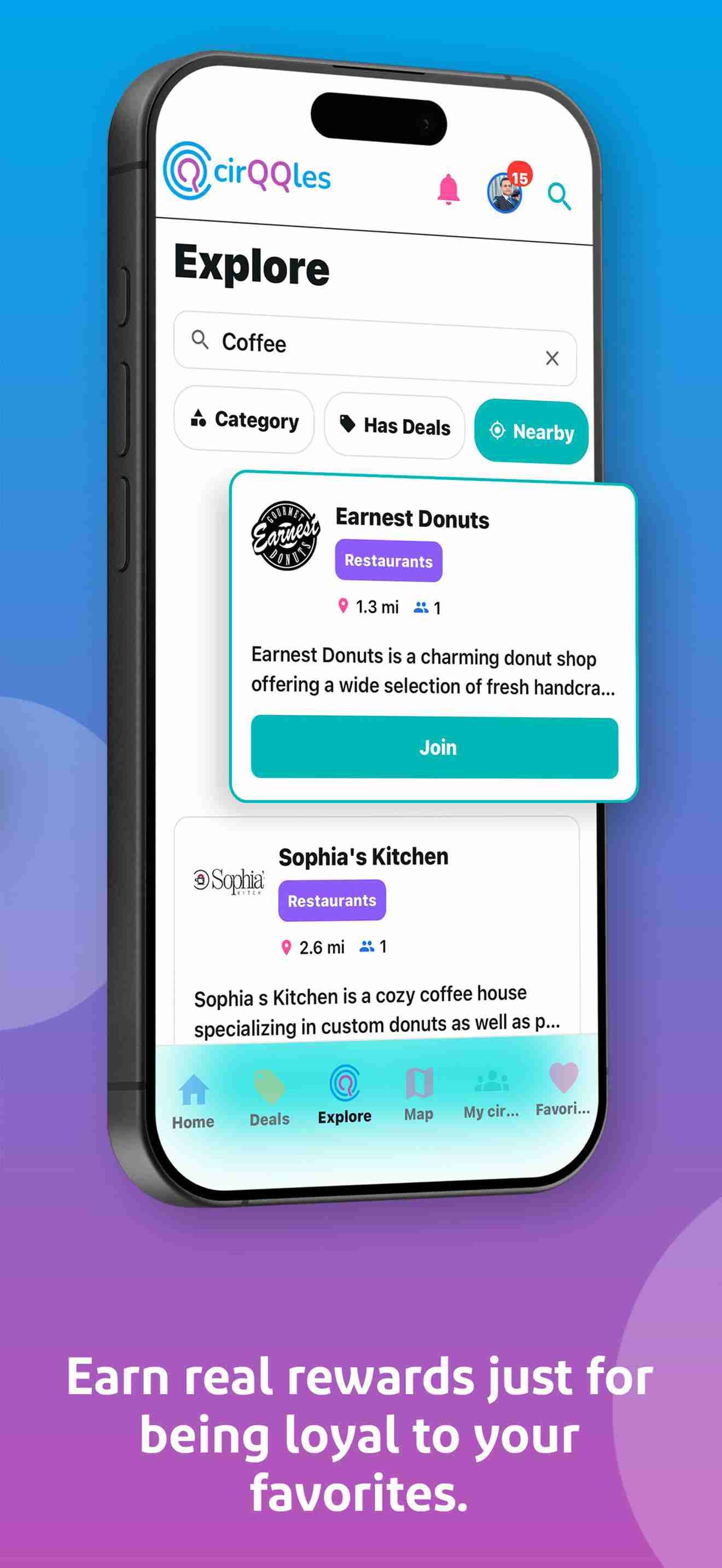 The Explore page of the cirQQles app showing local businesses like Earnest Donuts and Sophia's Kitchen.