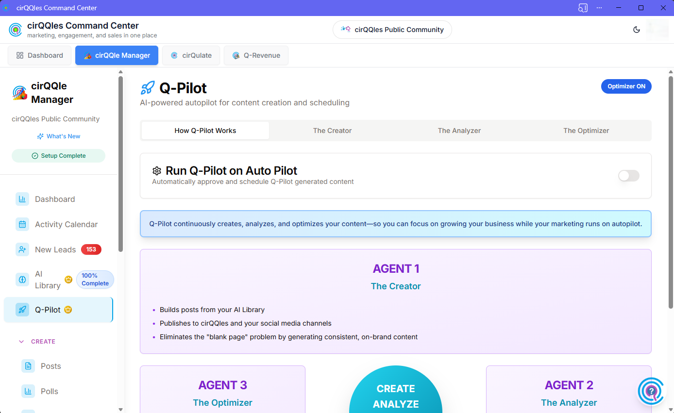 Q-Pilot dashboard showing AI-driven content creation and marketing automation interface