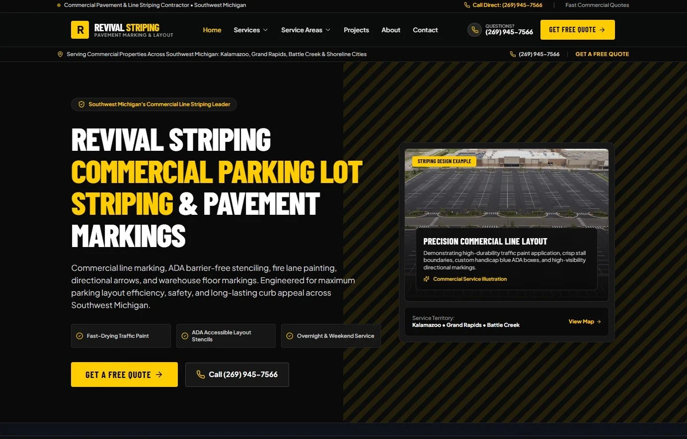 Revival Striping website screenshot: commercial parking lot striping and pavement markings