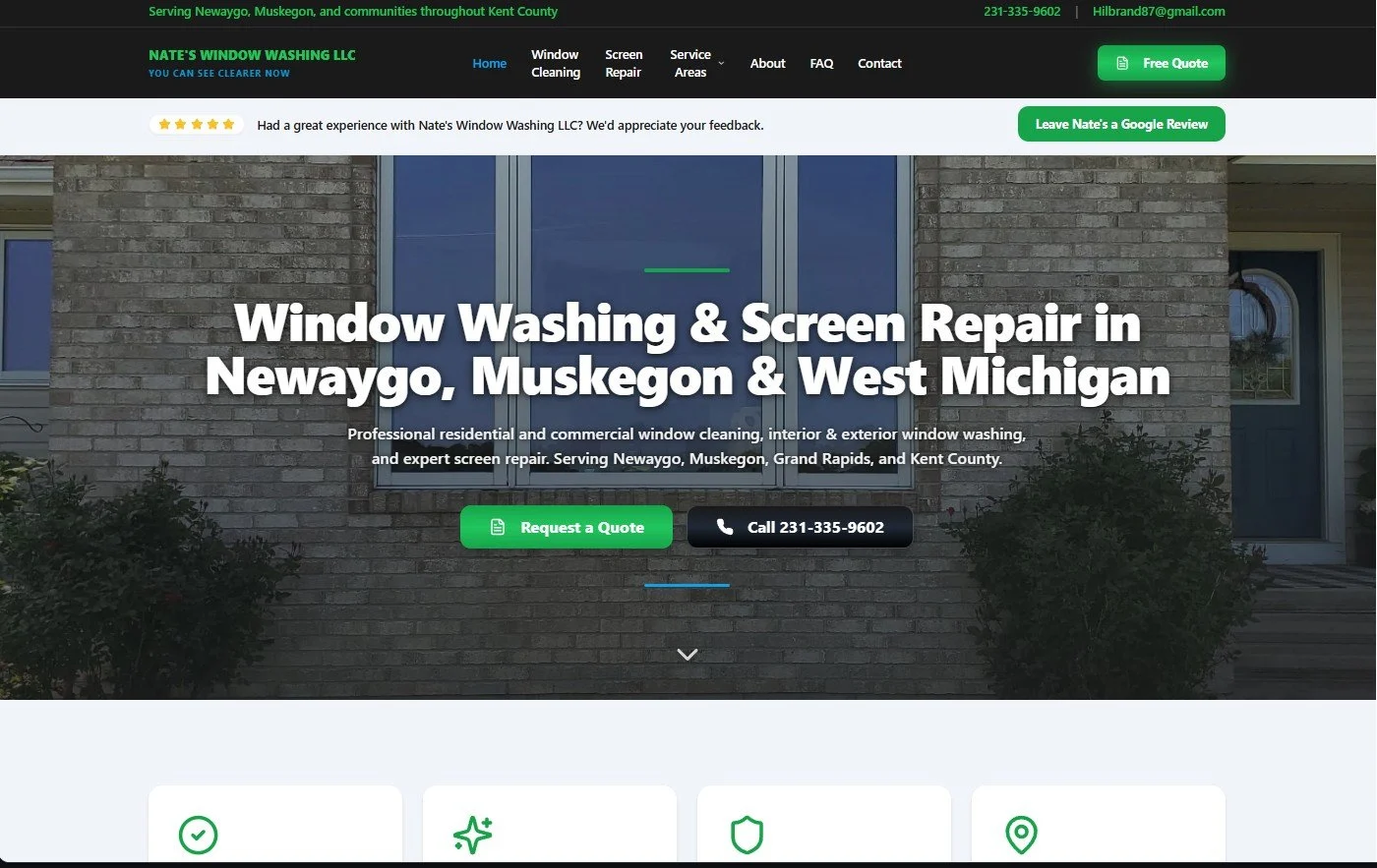 Nate’s Window Washing LLC website screenshot: window washing and screen repair in West Michigan
