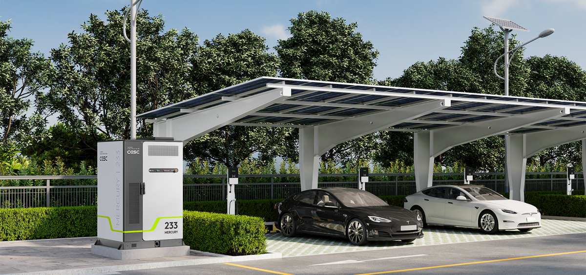 CESC Mercury 233 — stazione di ricarica EV con BESS integrato sotto pensilina fotovoltaica