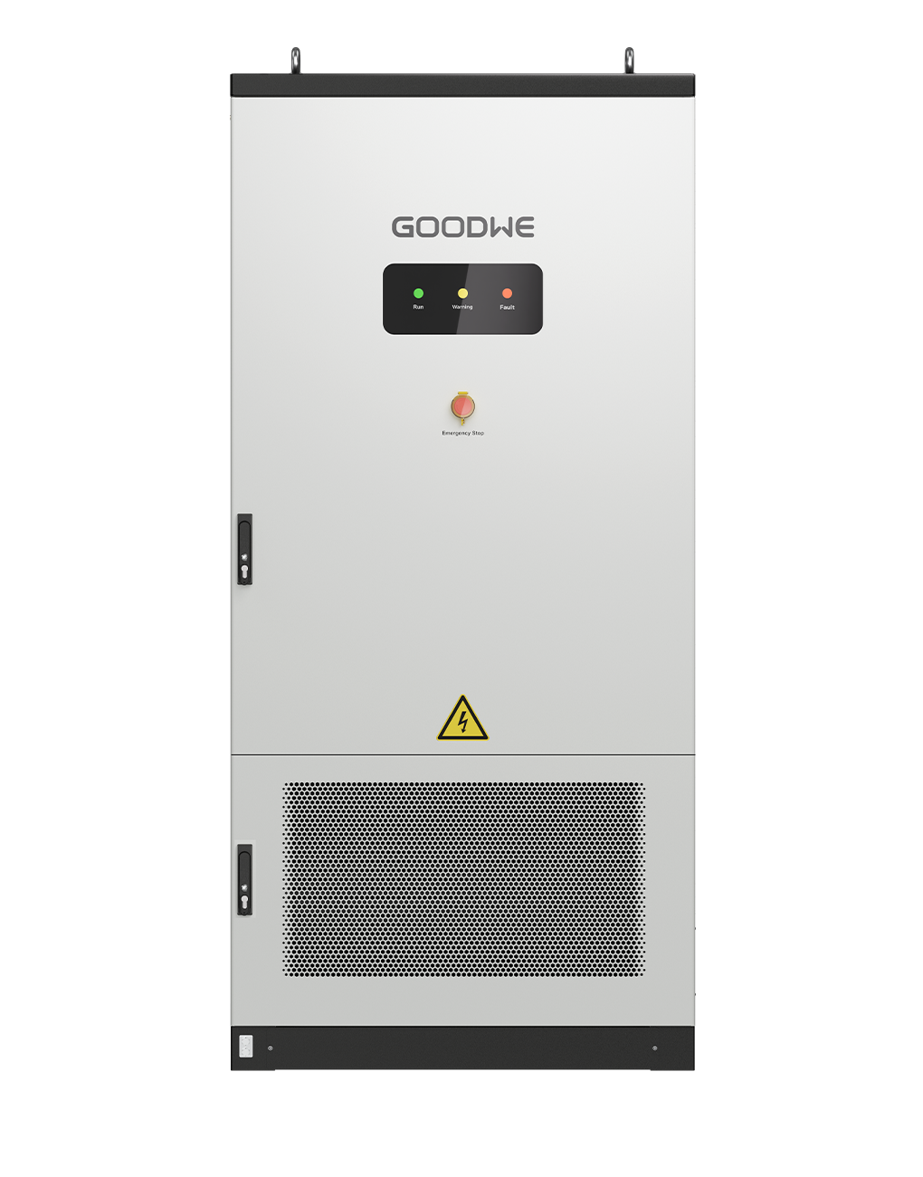 GoodWe ESA Series 125kW/261kWh — cabinet outdoor bianco con display di stato e arresto di emergenza
