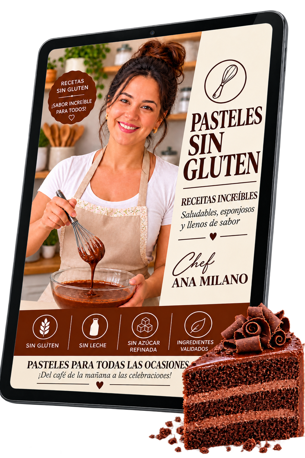 E-book Bizcochos sin Gluten de la Chef Ana Milano mostrado en una tablet, con porción de bizcocho de chocolate