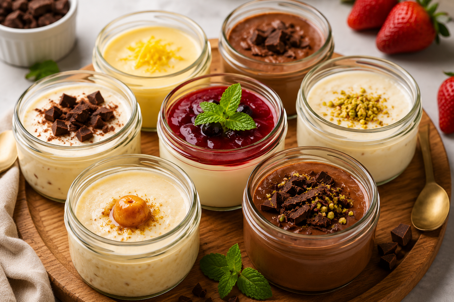 Postres saludables en frascos: panna cotta con mermelada de fresa, mousse de chocolate y crema con pistacho