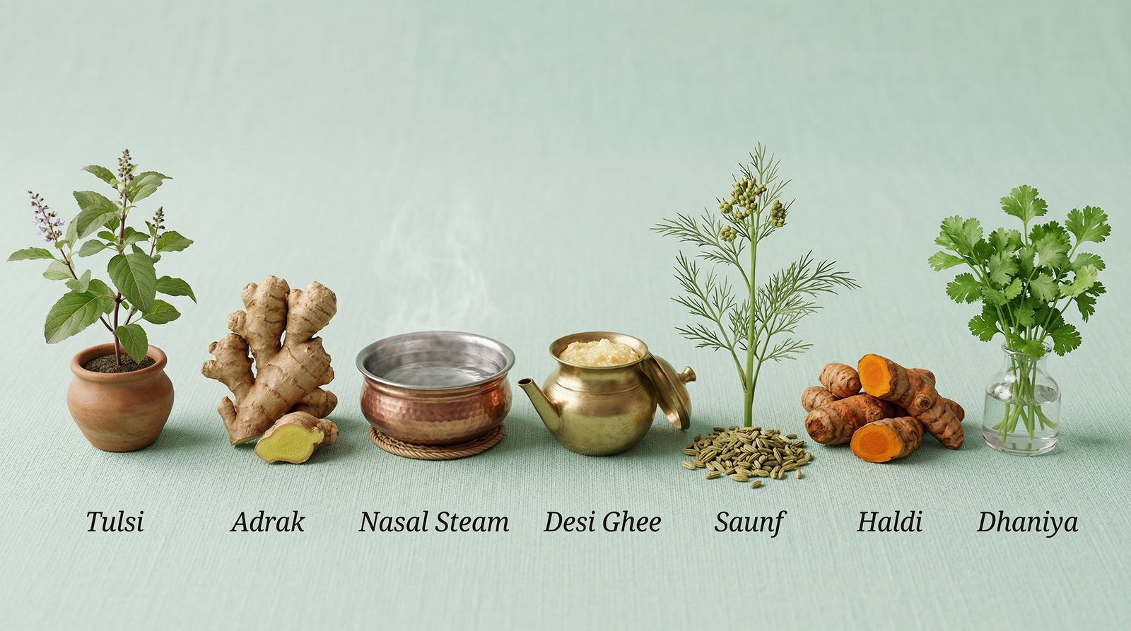 Ayurvedic herbs for sinus treatment: tulsi adrak ghee saunf haldi