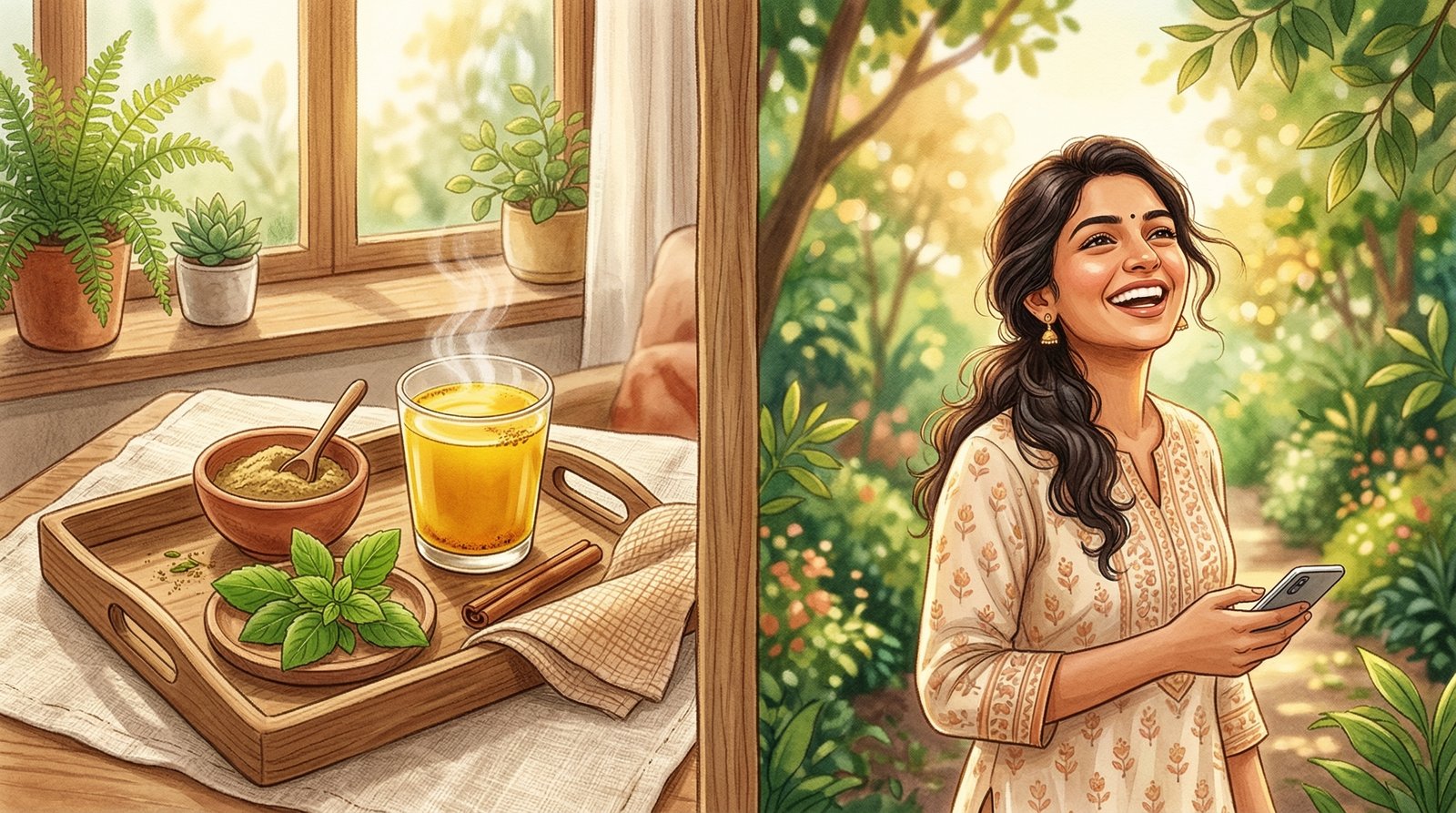 Indian woman breathing freely after Ayurvedic sinus treatment