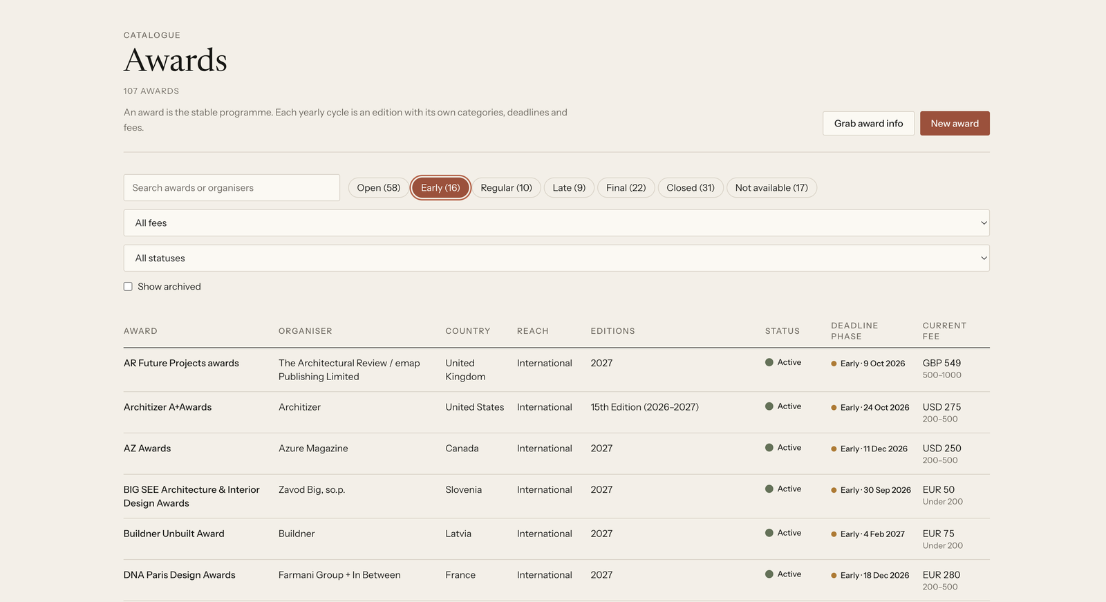 Grafta awards catalogue — searchable programmes with status, deadline phase and current fees