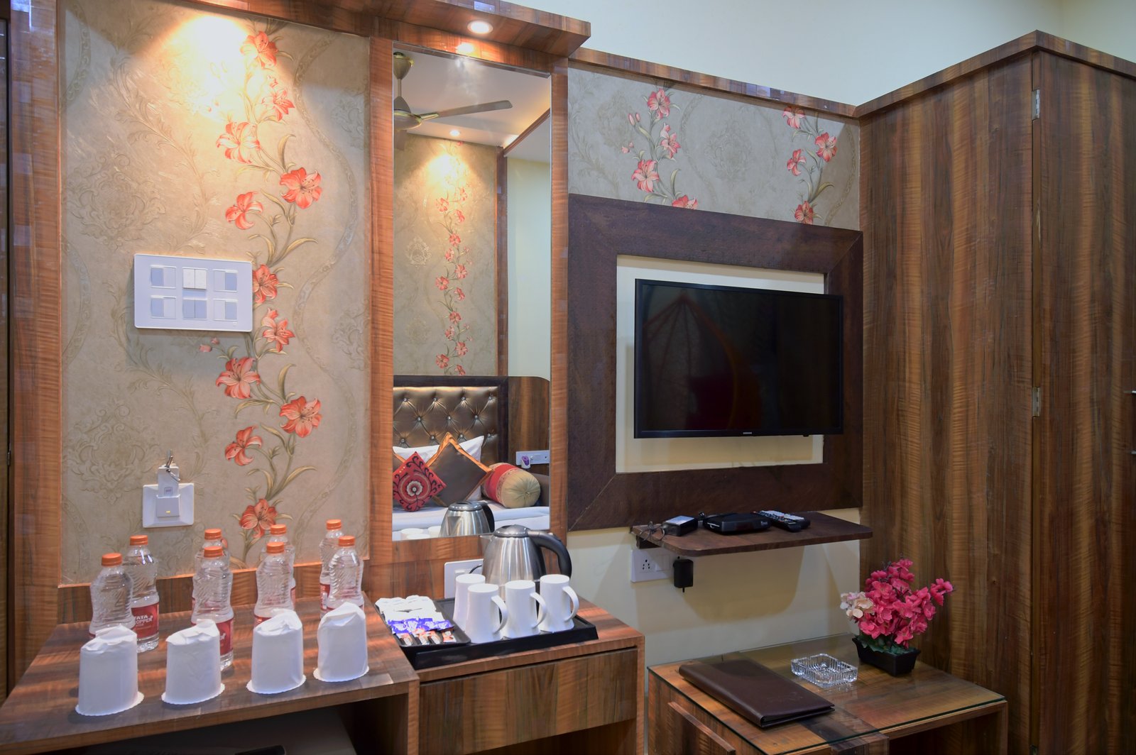 Spacious vanity and entertainment section of the Suite Room