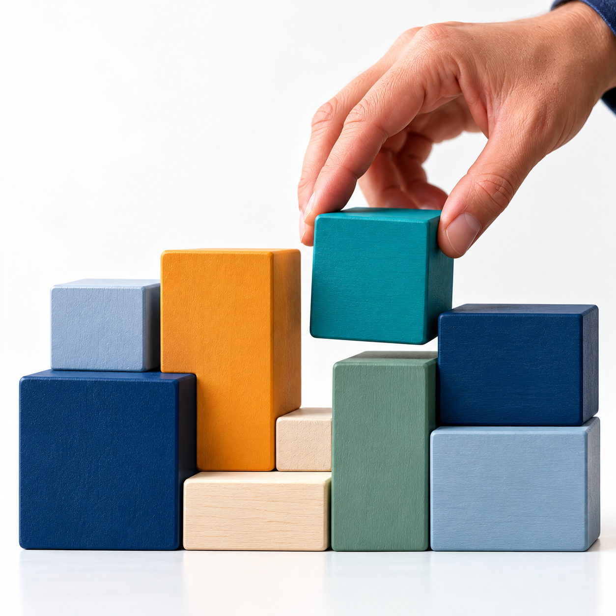 Coloured blocks representing different business improvement opportunities, with one being selected and placed into position.