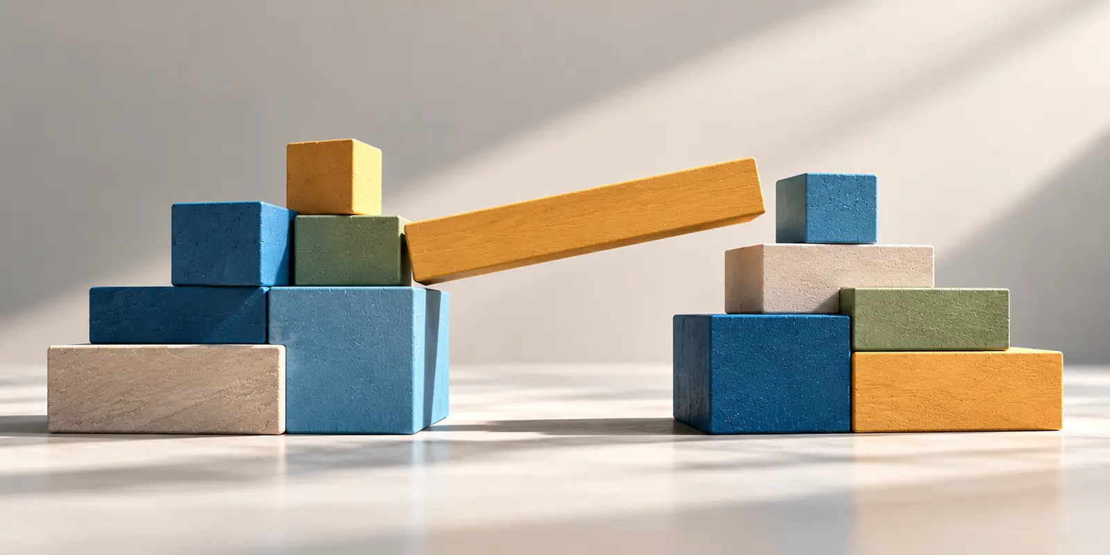 Two groups of coloured blocks separated by a gap, with an angled yellow beam reaching from one side towards the other.