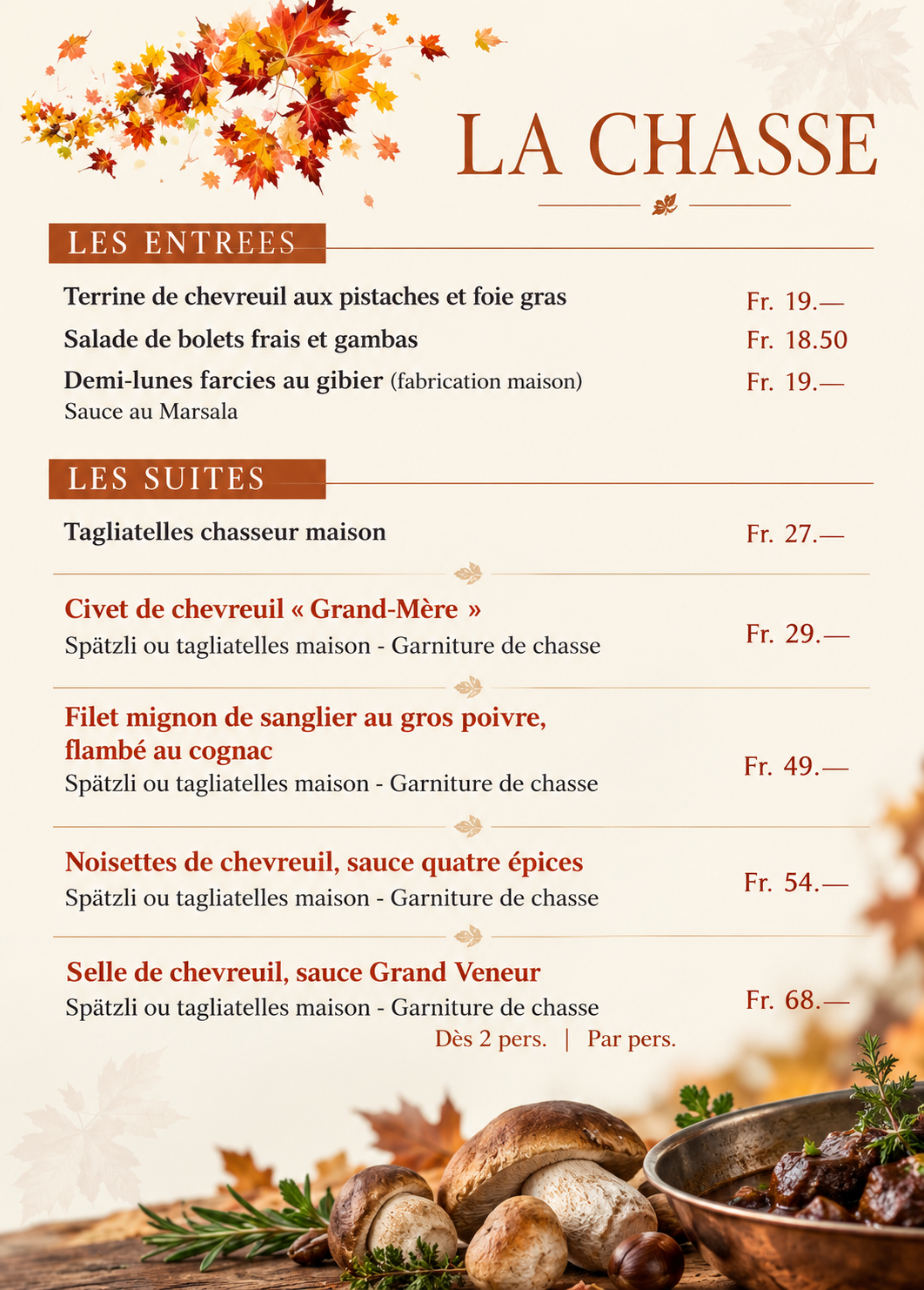 La Chasse — entrées et suites de gibier