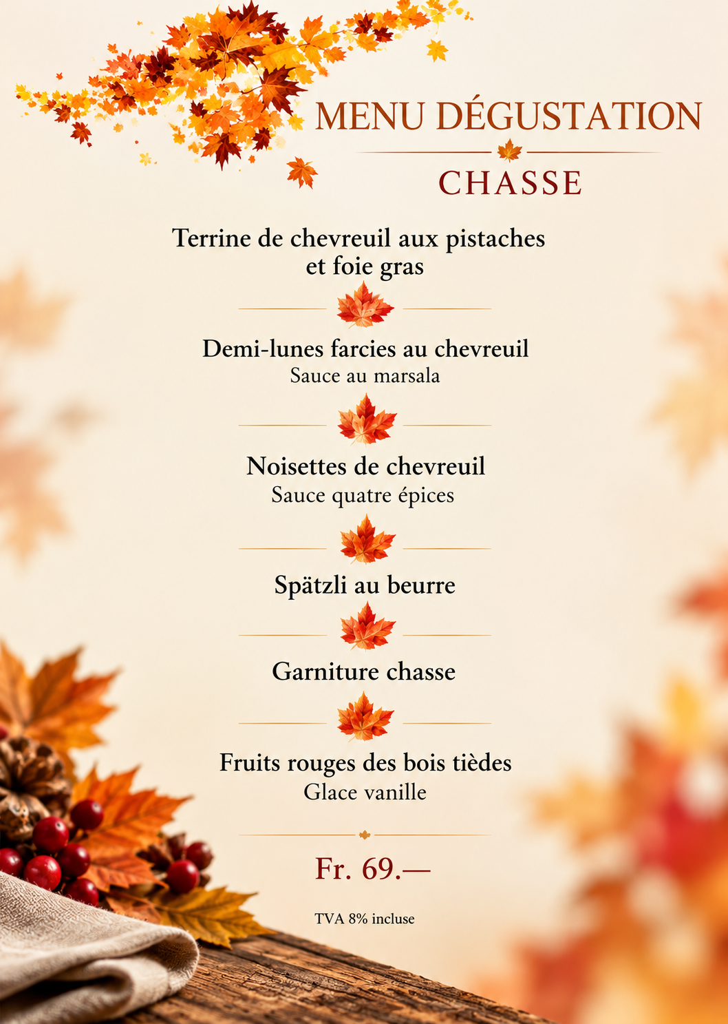 Menu dégustation Chasse — 69 francs, TVA 8% incluse