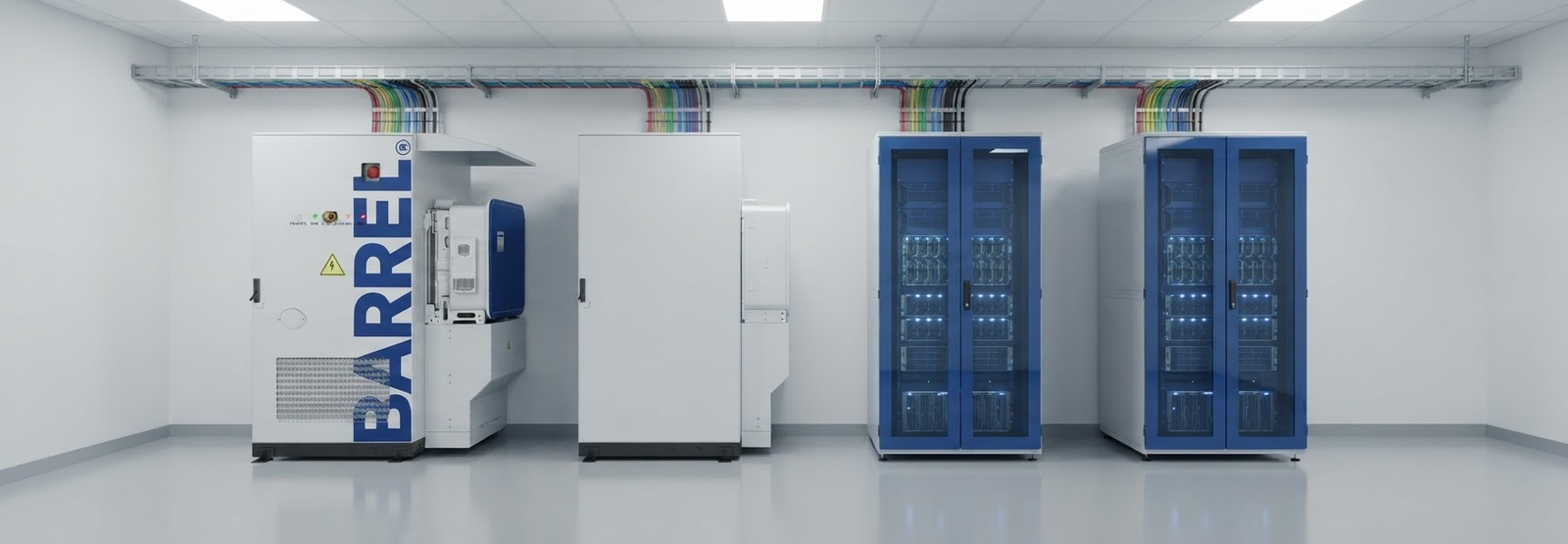 Barrel D3: sala data center con più rack GPU e cablaggio a soffitto