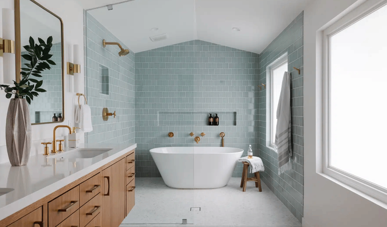 Luxury spa bathroom with seafoam green subway tile walls, white freestanding soaking tub, wooden vanity with brass fixtures, and glass shower enclosure