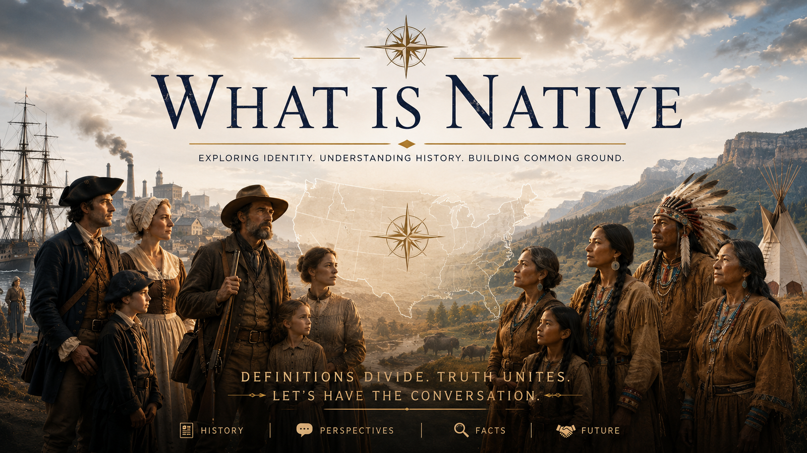 A gathering of Americans across history — colonial settlers, immigrants, and Indigenous peoples beneath an open sky