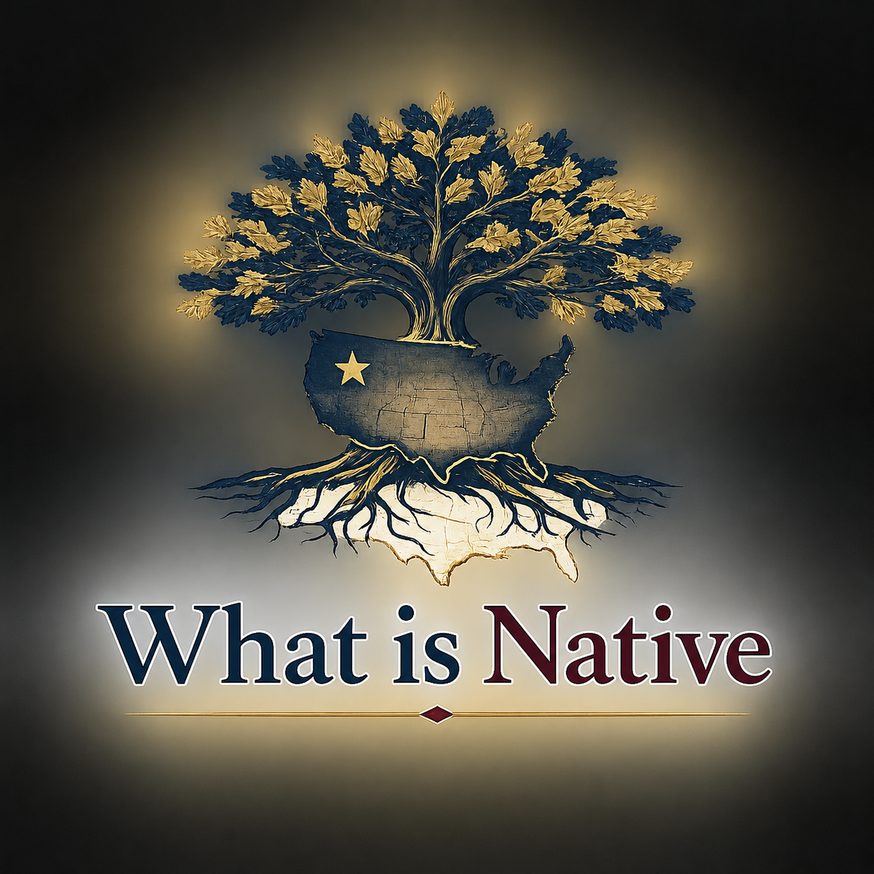 An oak tree rooted in a map of the United States, symbolizing heritage and belonging