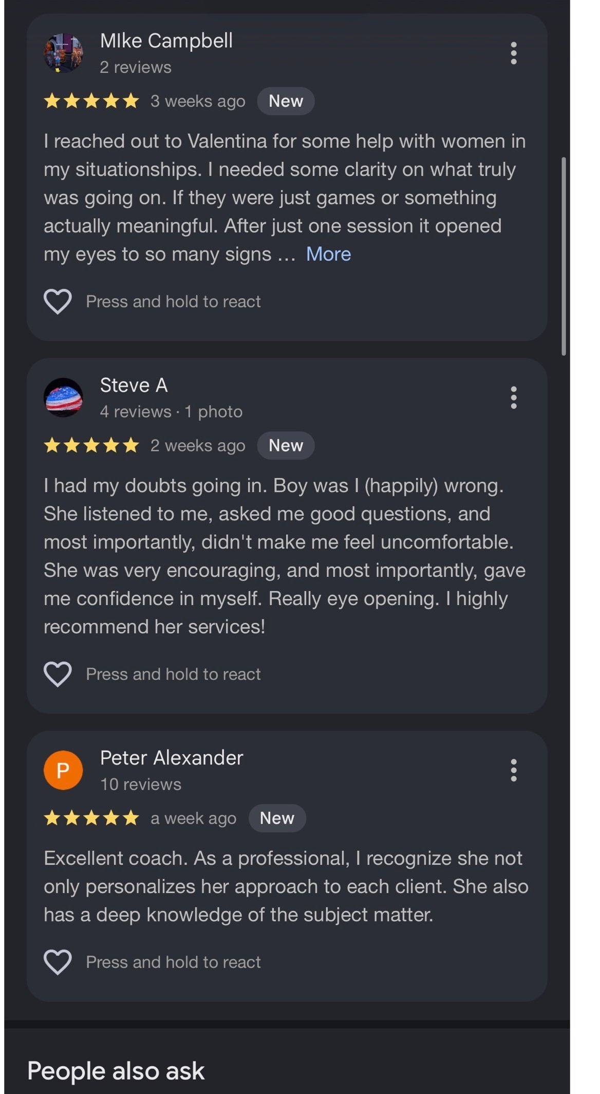 Google reviews from satisfied coaching clients