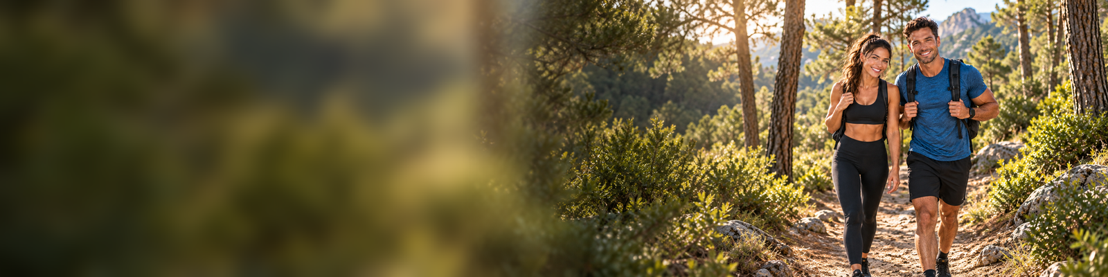 Couple walking together through a sunlit forest trail