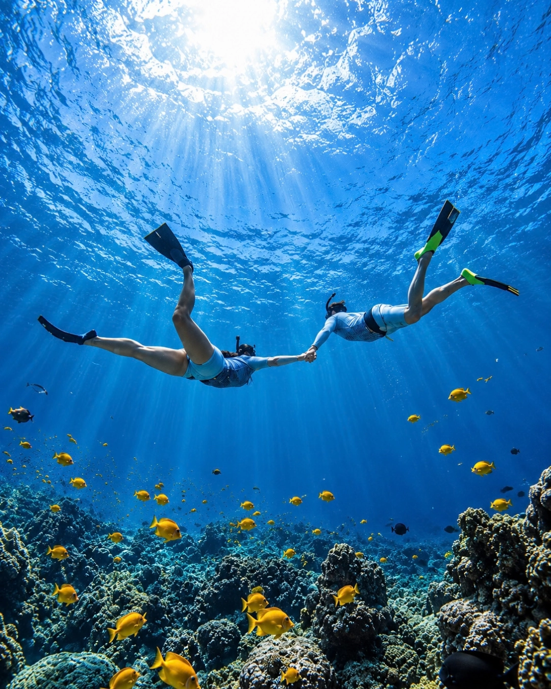 Two snorkelers swimming above a coral reef in clear blue water.