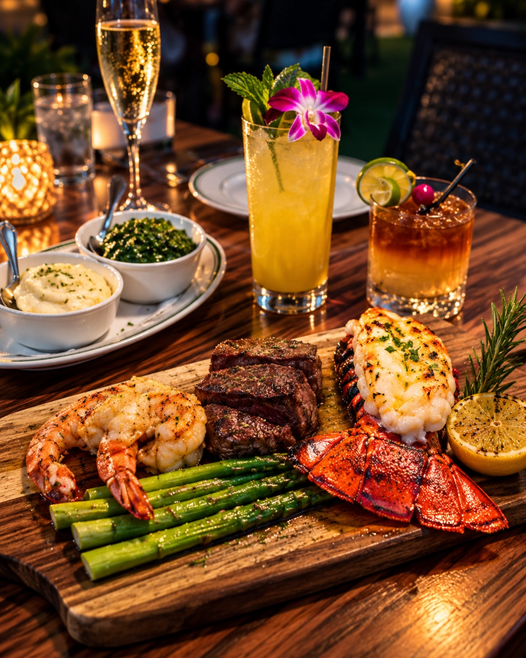 Seafood and steak served with cocktails at a warmly lit restaurant table.