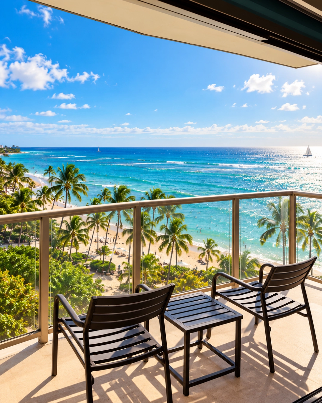 Oceanfront lanai with two chairs overlooking a palm-lined beach.