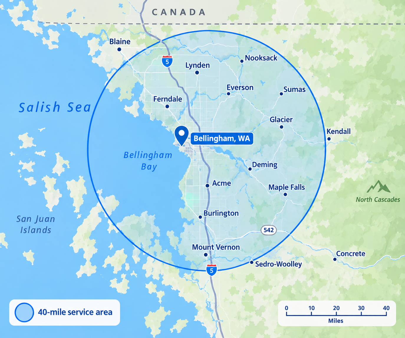 Map of Bellingham, Washington and surrounding Whatcom and Skagit County communities with a 40-mile service area