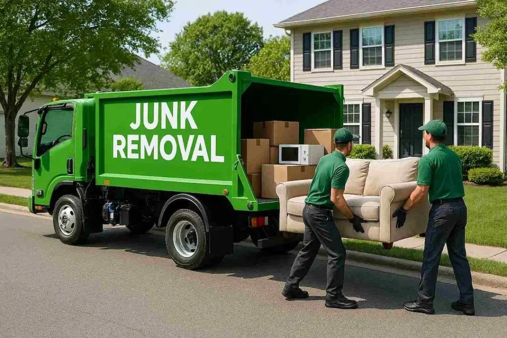 Junk Hero team carrying an old sofa out of a Dubai villa
