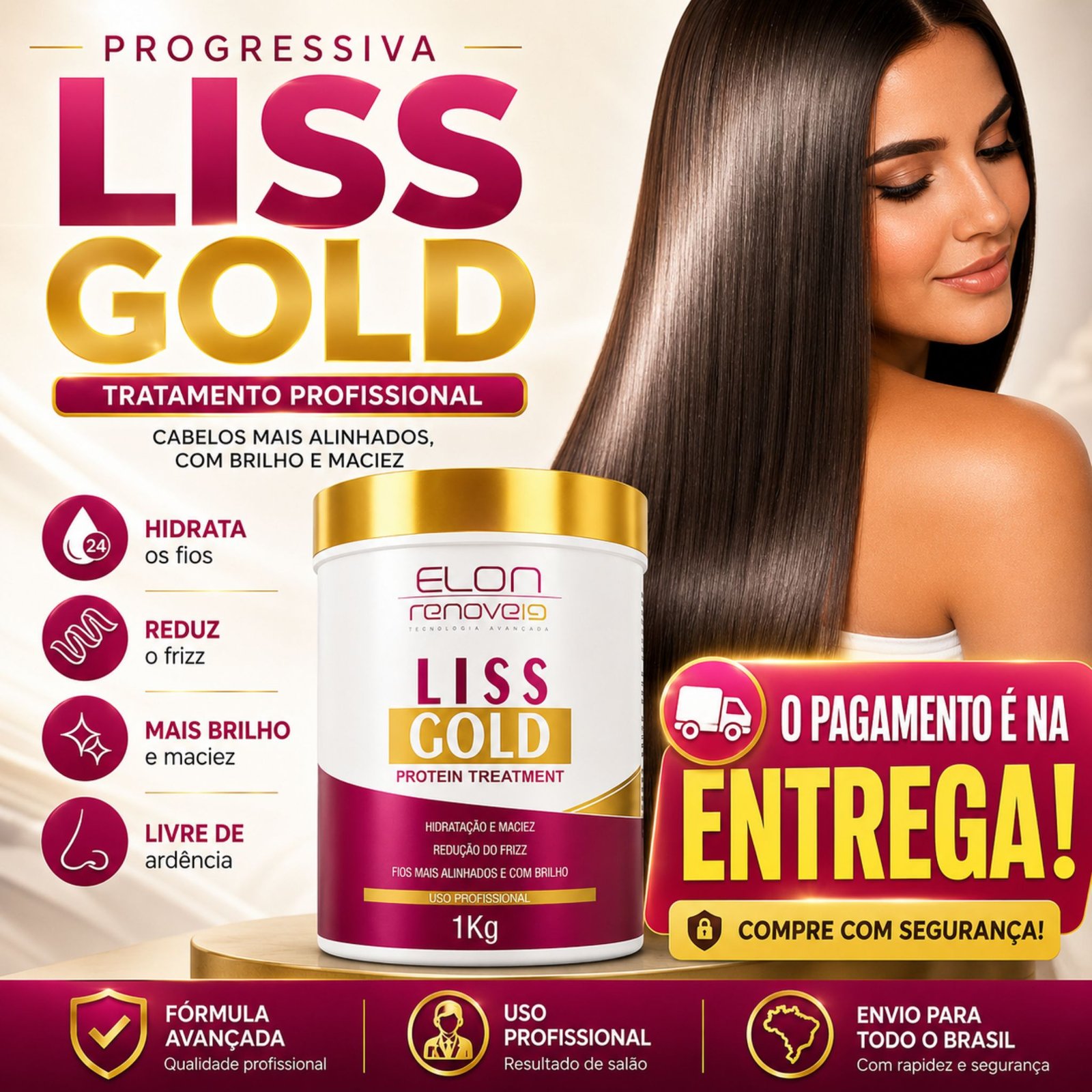 Frasco da Progressiva Liss Gold com detalhes em magenta e dourado