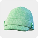 A mint green knit cap with a small front visor and a green button at the side.